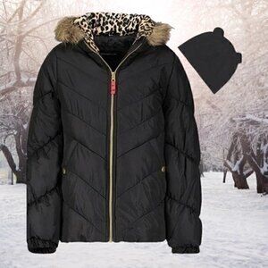 Weathertamer Big Girls Hooded Puffer Jacket with Faux-Fur Trim & Hat - Black